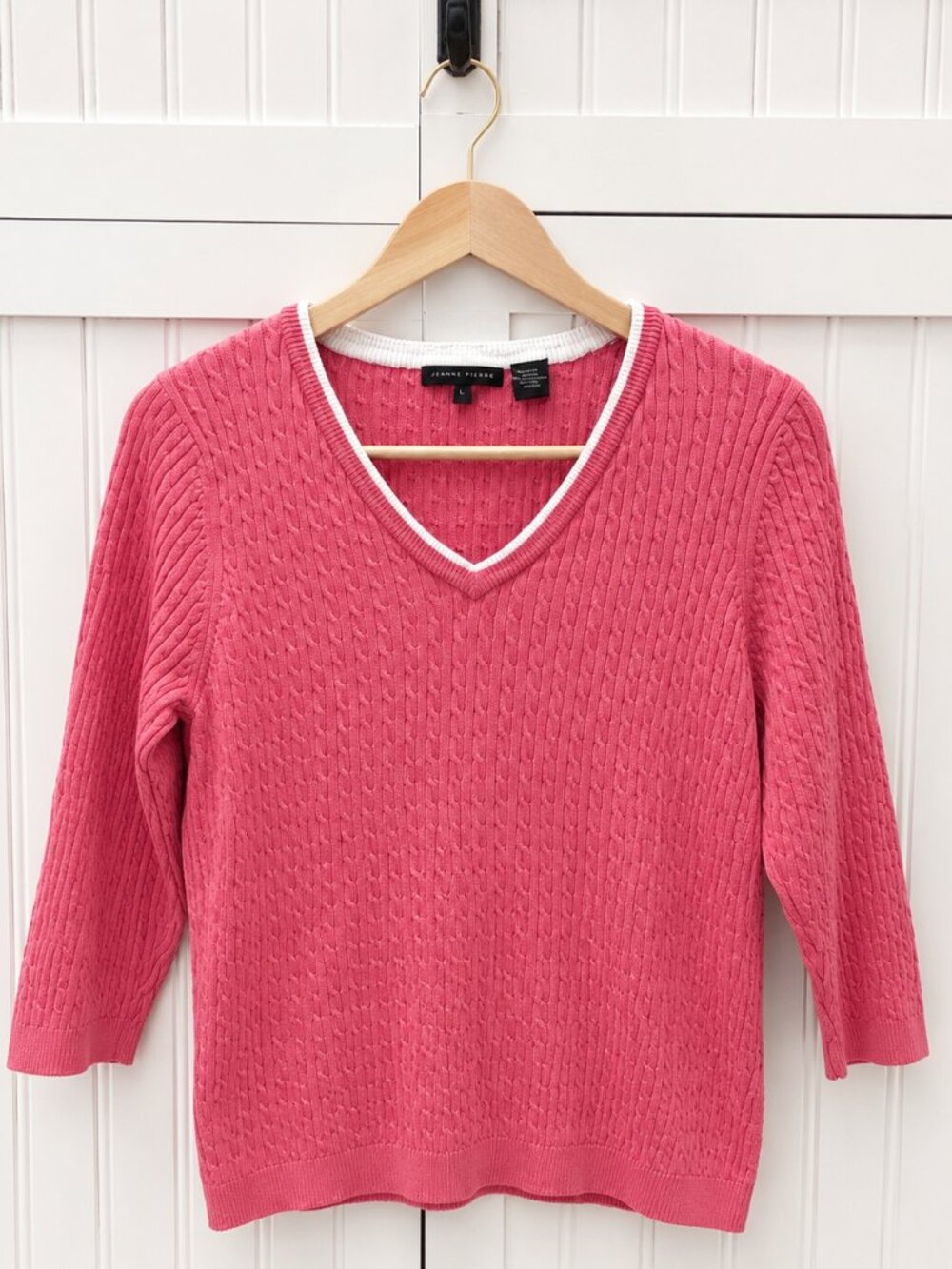 Jeanne Pierre Pink Cable Knit V-Neck Sweater Top Large
